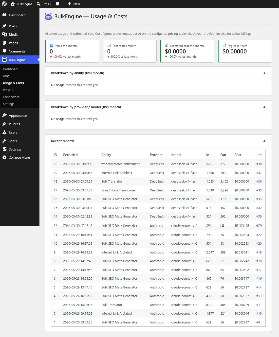 Usage and Costs page — monthly breakdown by ability and provider